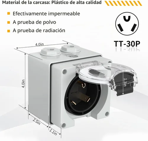 Vista 3 de STARELO Caja de entrada de corriente de generador de 30 A NEMA TT-30P, 125 voltios, para uso al aire libre a prueba de polvo e intemperie