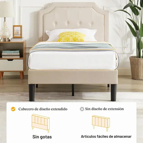 Vista 7 de VECELO - Base de cama tapizada con plataforma individual con cabecera ajustable de panel cosido con botones, fuerte soporte de listones de madera