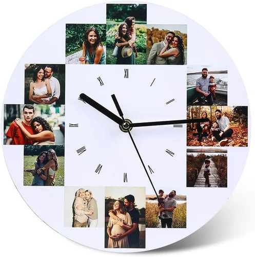 Vista 15 de Reloj personalizado con marcos familiares, decoración de pared, multifoto, grabado con nombre y fecha, relojes digitales inusuales de madera