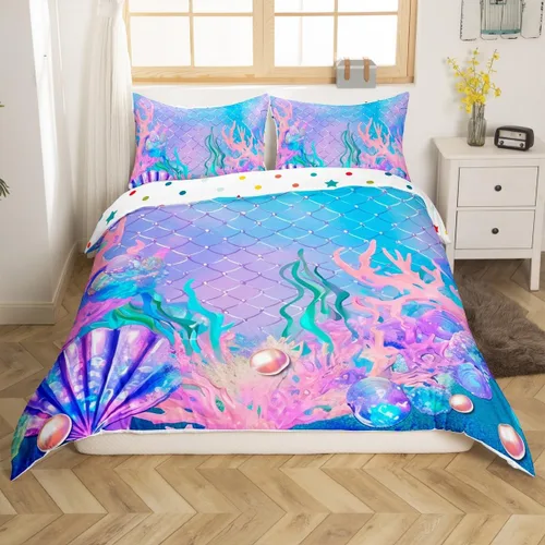 Vista 3 de Juego de funda de edredón Kawaii tamaño individual con purpurina de sirena para niños y niñas, color morado pastel, verde azulado, colorida perla