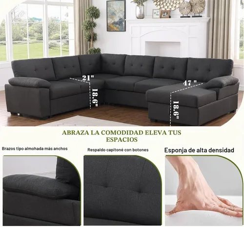 Vista 8 de asunflower Sofá cama modular con almacenamiento de 118 pulgadas, sofás seccionales en forma de U para sala de estar, sofá cama de gran tamaño de 6 a