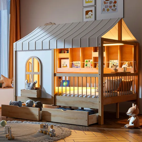 Vista 37 de Cama de casa con tienda y estantería, 2 cajones, carga USB Espresso-tt