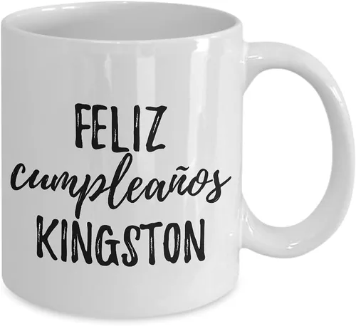 Vista 2 de Feliz Cumpleanos Kingston Mug Spanish Happy Birthday Personalized Name Gift Coffee Tea Cup 11 oz