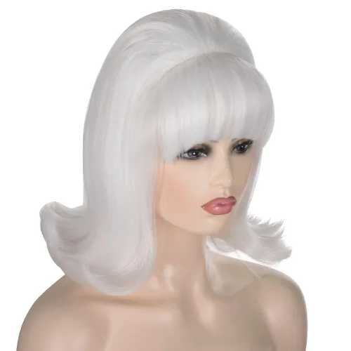 Vista 2 de QACCF Pelucas Pinup de los años 70, estilo colmena estilo vintage, disfraz de Halloween para mujer, peluca con explosión (blanco)