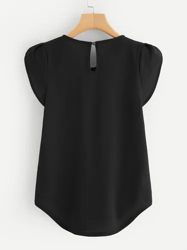 Vista 2 de Milumia - Blusa de cuello redondo plisado para mujer, estilo casual y básico, con manga casquillo y abertura de cerradura en la espalda