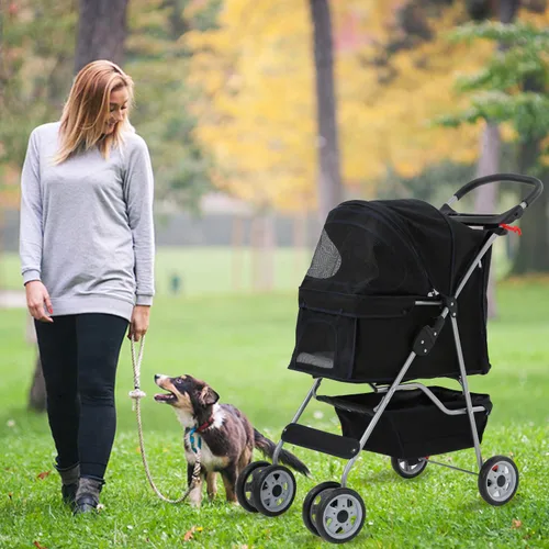 Vista 2 de Cochecito de perro de 4 ruedas, cochecito para mascotas, gatos, plegable, impermeable, con soporte para tazas y forro extraíble, cochecitos