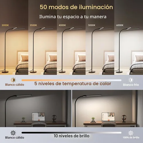 Vista 2 de Syrinx Lámpara de Pie LED, Lámparas de Pie de Doble Cabezal con Cuello de Ganso para Sala de Estar con Interruptor de Gestos y Control Remoto