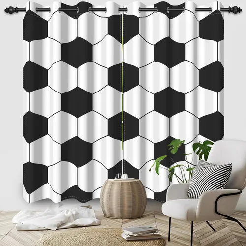 Vista 21 de Cortinas opacas de fútbol para dormitorio de niños, con temática deportiva, para sala de fútbol, cortinas de fútbol en blanco y negro