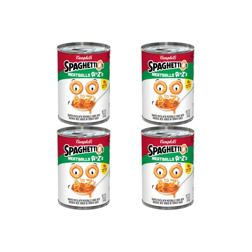 Vista 13 de SpaghettiOs Pasta enlatada con albóndigas A to Z's, lata de 15.6 onzas