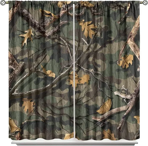Vista 9 de Cortinas opacas de camuflaje de bosque, animales salvajes, osos, ciervos, alces, con bolsillo para barra, para sala de estar, dormitorio, decoración