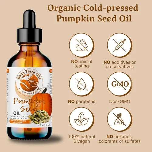 Vista 3 de Bella Terra Oils - Aceite de semilla de calabaza orgánico 2 oz - Esencia de calabaza orgánica pura, con ácido linoleico y vitamina A, para piel que