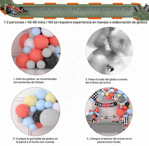 Vista 4 de Kit de arco de guirnalda de globos de carrera, color pastel, coral, gris, amarillo, azul bebé, negro, blanco, globos con globos de aluminio a