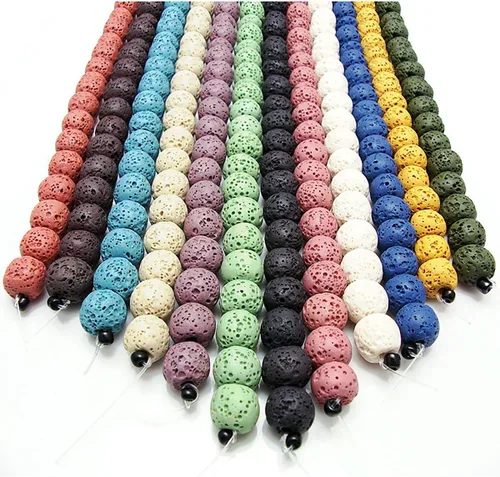 Vista 2 de Cuentas de piedra de lava de colores, cuentas redondas de roca volcánica, cuentas sueltas para collares, pulseras, joyas (marrón, 0.24 pulgadas)