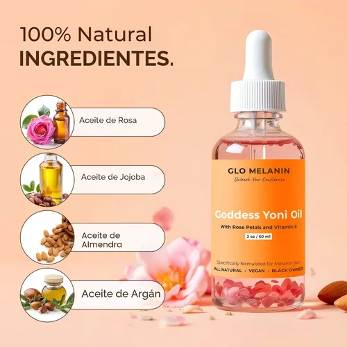 Vista 3 de Glo Melanin Yoni - Lavado de aceite para mujeres, equilibrio de pH y humedad, aceite vaginal o femenino para vellos encarnados con pétalos de rosa