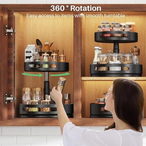 Vista 3 de Organizador Lazy Susan para Especias con Estante - Organizador de Especias Ajustable en Altura de 2 Niveles para Gabinete, Organizador de Especias