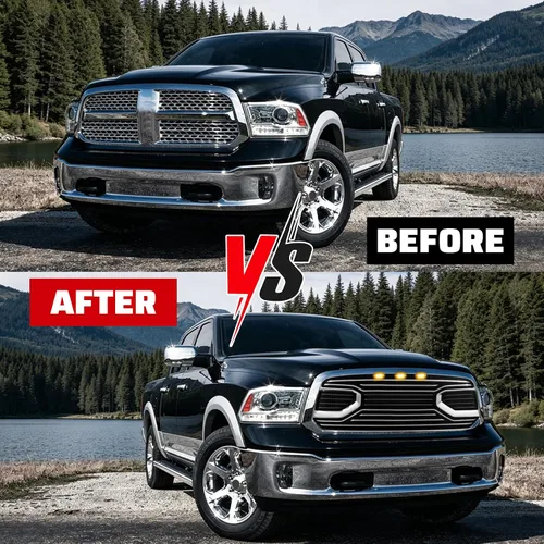 Vista 4 de Rejilla delantera compatible con RAM 1500 Big Horn Style 2013 2014 2015 2016 2017 2018, rejilla de repuesto con letras y luces LED, cromada