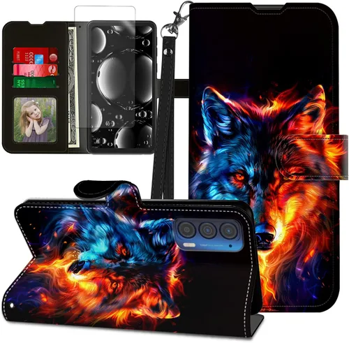 Vista 428 de Funda para Motorola Edge 2022 con protector de pantalla, soporte y tarjetero y correa para la muñeca, funda magnética para Moto Edge 2022 5G UW Lobo