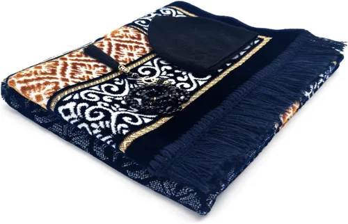 Vista 2 de Juego de alfombras de oración islámica de terciopelo (alfombra gruesa de oración, 99 cuentas de oración Tasbih, sombrero kufi de algodón negro), Azul