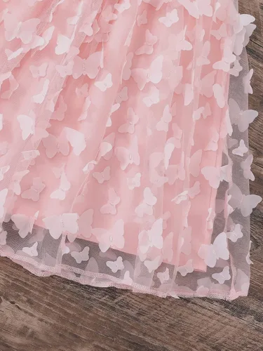 Vista 4 de WDIRARA Vestido camisero acampanado sin mangas con apliques de mariposa para niña