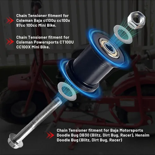 Vista 3 de Tensor de Cadena de Bicicleta Mini de 8 mm con Rodillo de 1-3/4" adecuado para Coleman CT100U CC100X, Baja Doodlebug DB30, Motovox MBX10/MBX11