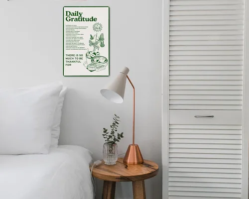 Vista 4 de CUUCTGDA Póster de metal inspirador verde bohemio para habitación, decoración estética de gratitud diaria, letreros de hojalata para el hogar