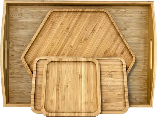 Vista 14 de Bandejas de bambú con tablas de cortar 16.5"x11.8" (42x30cm con asa, el set incluye platos de 0.63" (1.6cm) de grosor 1xHexágono 12.5" (32cm) +