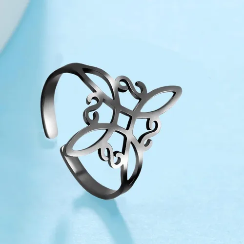 Vista 22 de UNIFT Anillo de nudo de bruja para mujer, de acero inoxidable, estilo geométrico, elegante, elegante, irlandés, nudo celta, ajustable, anillo