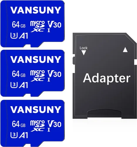 Vista 10 de Vansuny Tarjeta Micro SD de 64GB microSDXC con adaptador SD A1 App Performance V30 Grabación de video 4K C10 U3 Micro SD para teléfono, cámara