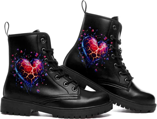 Vista 4 de Botines de combate para mujer, con estampado de corazón, botines cortos de moda con rosas y calavera, botas de trabajo duraderas con cordones