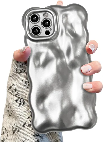 Vista 12 de UEEBAI Funda ondulada para iPhone 14 Pro Max, bonita cubierta plateada con forma de onda para iPhone, bonita funda estética 3D para teléfono