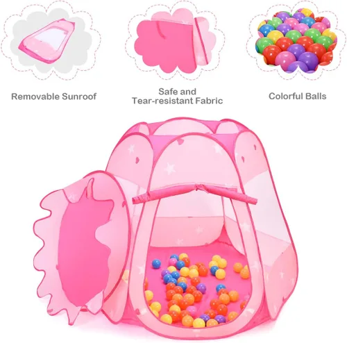 Vista 2 de Costzon Tienda de campaña desplegable de princesa con 100 bolas incluidas, tienda de campaña plegable portátil para niños con bolsa de transporte