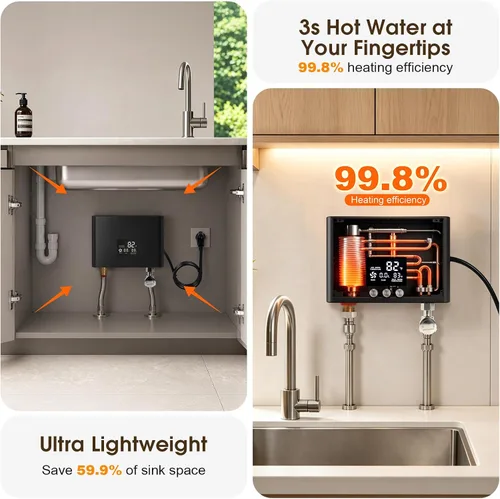 Vista 3 de Calentador de agua eléctrico sin tanque 3000 W 110 V Temperatura constante Calentador de agua caliente instantáneo con control remoto Pantalla Negro