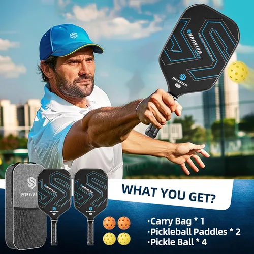 Vista 6 de Juego de 2 palas de pickleball Bravixs aprobadas por USAPA, fibra de carbono T700 en bruto, raquetas de pickleball con superficie de fricción, con 4