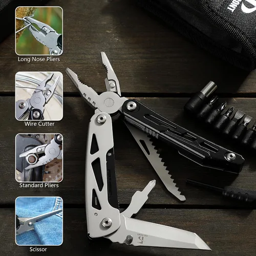 Vista 4 de THE FRONT Multiherramienta 19 en 1, Alicates Multiherramienta con Tijeras Desmontables, Cuchillo Táctico de Camping Multiuso para Supervivencia