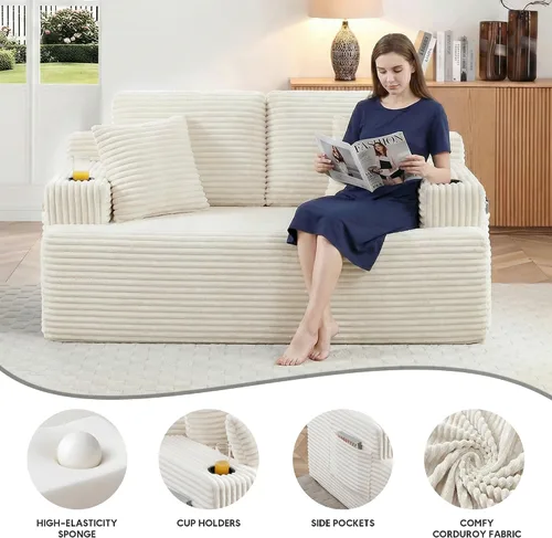 Vista 3 de Sofá sin hueso de 66.5 pulgadas con portavasos y bolsillos laterales, sofá biplaza tapizado de tela de pana moderna con 2 almohadas para sala