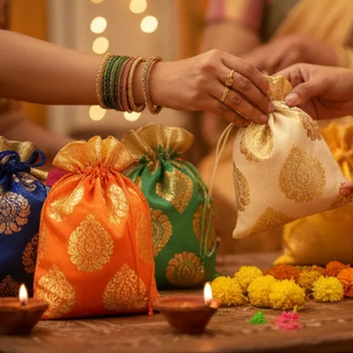 Vista 3 de Touchstone Bolsas de cordón tradicionales indias hechas a mano en tejido brocado con patrón de hojas de ficus. Perfecto para regalos, joyas, bodas