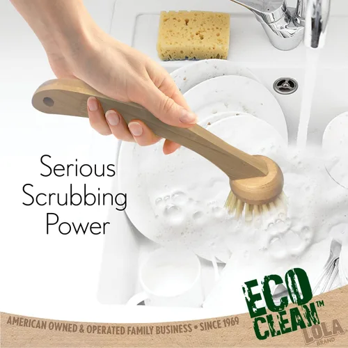 Vista 3 de LOLA Eco Clean Cepillo de bambú para platos, multiusos, mango de bambú renovable ergonómico sostenible, fibras son botellas de soda/agua recicladas