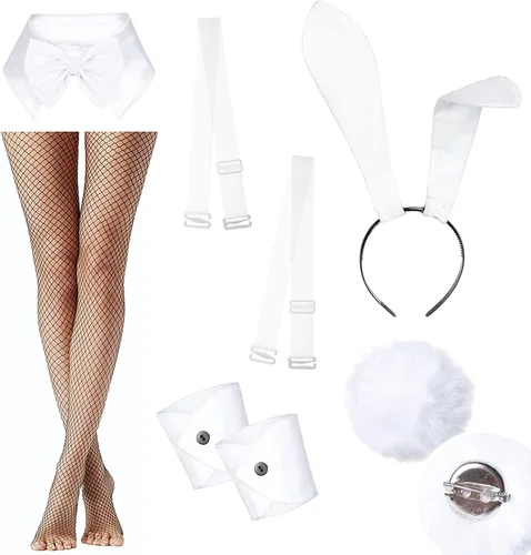 Vista 5 de Conjunto de traje de disfraz de conejito para mujer, una sola pieza, con accesorios, Blanco, L