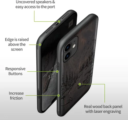 Vista 9 de Carveit Funda de madera para iPhone 11 [madera natural y TPU suave negro] a prueba de golpes, protector de madera único para teléfono compatible