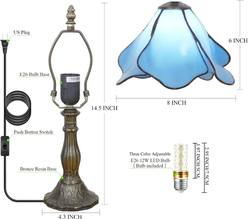 Vista 3 de Lámpara Tiffany Pequeña Mini Lámpara de Mesa de Vidrio Teñido Lámpara de Acento de Mesita de Noche Memoria Simpatía 8X14.5 Pulgadas (Azul)