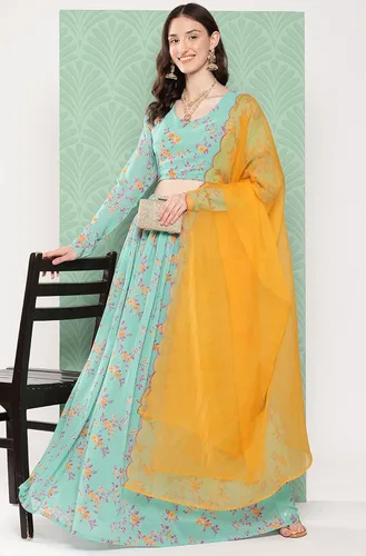 Vista 3 de Janasya Mujer Sky Blue Georgette Digital Floral Impreso Lehenga Choli Con Dupatta