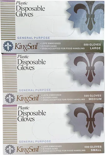 Vista 7 de KingSeal 500 guantes desechables de polietileno ligeros, sin polvo, sin látex, seguros para alimentos, tamaño grande, 1 caja de 500 guantes