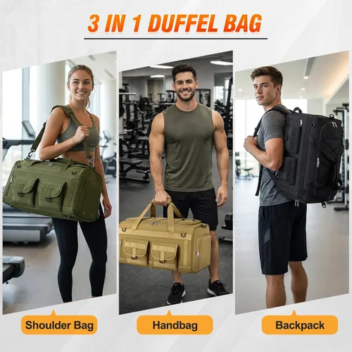 Vista 2 de RAINSMORE Bolsa de gimnasio para hombres, 45L grande 3 en 1, bolsa deportiva con compartimento para zapatos y bolsillo húmedo, resistente al agua