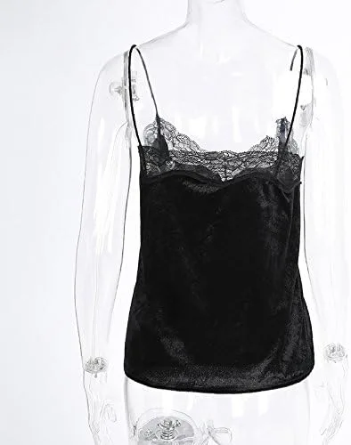Vista 5 de Camisola de encaje sexy para mujer, blusa sin mangas casual con cuello en V, terciopelo con tirantes delgados, camisola sin mangas, Vino