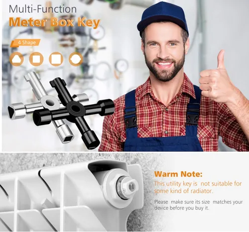 Vista 7 de Llave multifuncional de 4 vías, llave de fontanería, herramienta de apertura de llave de plomero para control eléctrico, medidor de agua, gas, caja