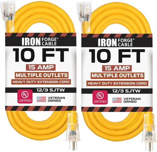 Vista 11 de Iron Forge Cable Cable de extensión resistente de calibre 12, 2 pies, color amarillo SJTW 12/3 Outdoor Cable, Lighted End, 3 Prong Grounded Plug