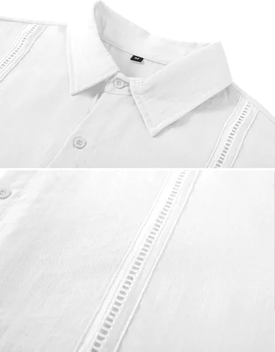 Vista 5 de LecGee Conjunto corto casual de verano para hombre, camisa cubana de lino de manga corta, pantalones cortos con cordón en la cintura, trajes
