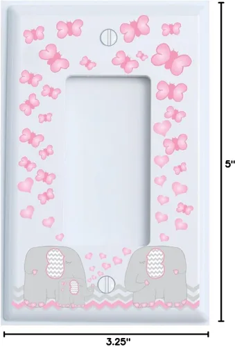 Vista 2 de Placa de interruptor de luz de elefante rosa y cubiertas de salida GFCI para decoración de guardería con corazones y mariposas de cheurones grises