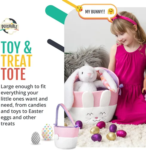 Vista 6 de Cesta de Pascua de conejo de peluche para la primera Pascua del bebé, bolsa de regalo bordada suave para bebé niña o niño, adorable diseño de conejo