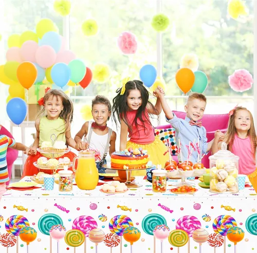 Vista 5 de PHOGARY Sweet Candyland - Mantel de plástico con temática de caramelos, dos manteles de cumpleaños de dulces manteles coloridos de piruletas